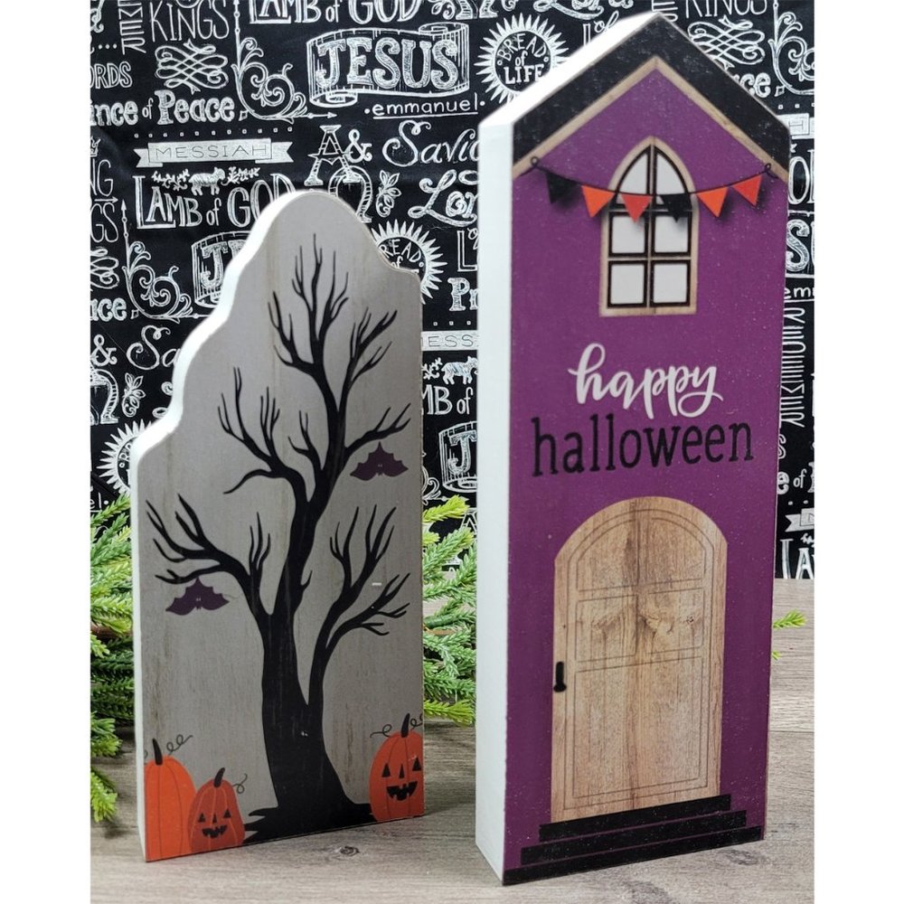 2 Halloween Table Top Tray Wood Decor Bats Creepy Tree Happy Halloween NEW🎄